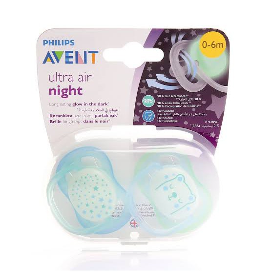 2 pc Philips Avent Ultra Air Night Empeng Bayi Soother Night Time 0-6 Month