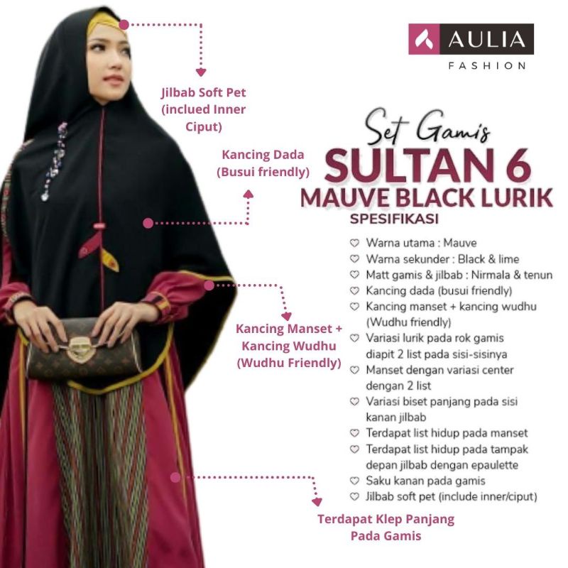 AULIA FASHION Set Gamis SULTAN 6 MAUVE BLACK LURIK Size S New  Busana Muslim Branded Original Terbar