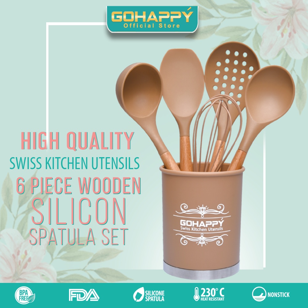 Spatula Set Silikon Bestseller GOHAPPY KITCHEN TOOLS Gagang Kayu - Sutil FDA - TEBAL KUALITAS PREMIUM