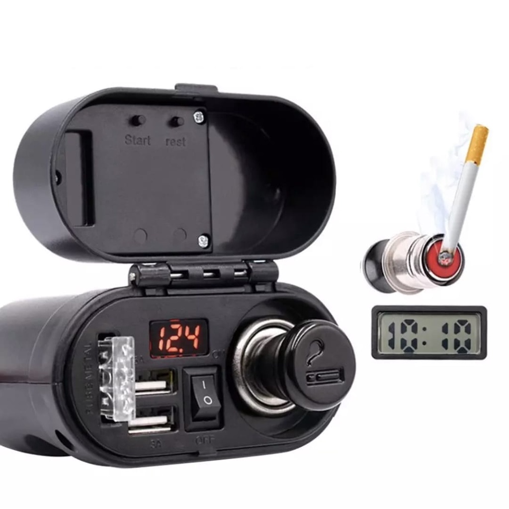 MotorCycle USB CD-3068 Lighter voltmetar / jam Charger Motor Dual usb