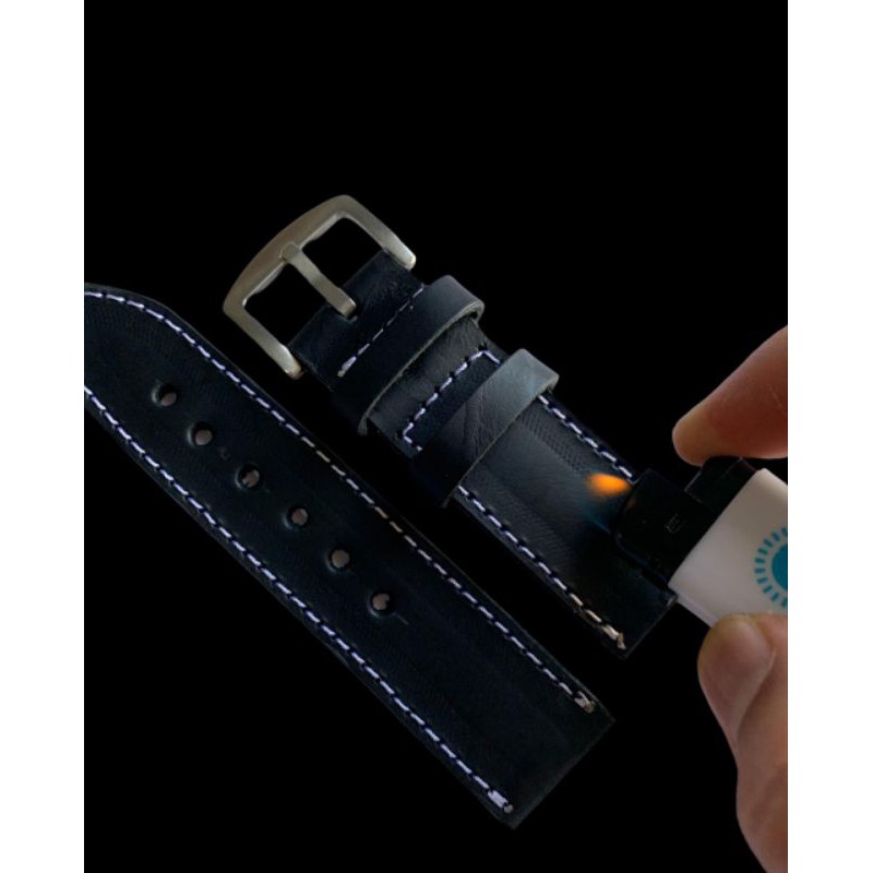 Strap tali jam tangan kulit sapi asli hitam benang putih size 24mm