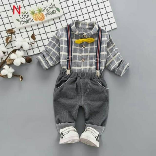 Baju Pesta Anak Laki Cowok Import Kemeja Kotak Abu Dasi Suspender