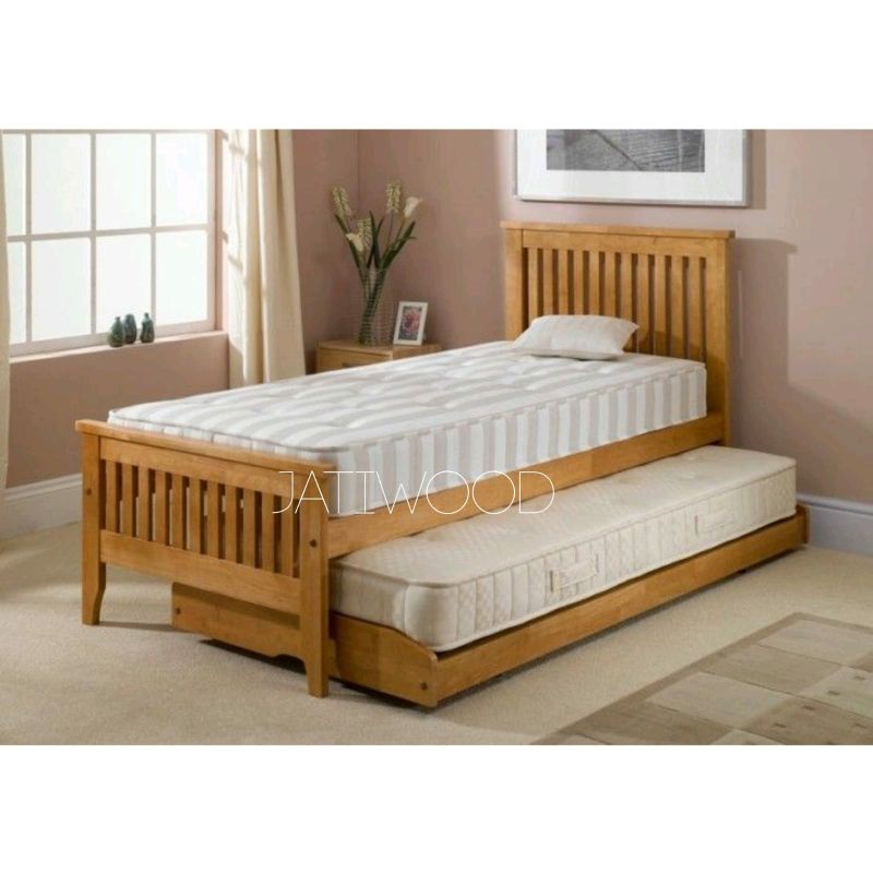 Dipan tempat tidur anak sorong kayu jati 120x200, ranjang susun tingkat minimalis