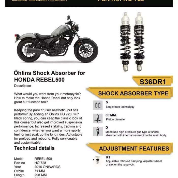 Shock Ohlins for Honda Rebel HO 728