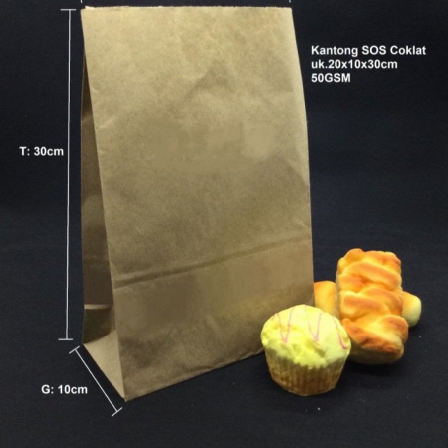 

PB 100pcs Paperbag Brown SOS Tipis XL 20x10x30cm 50gsm