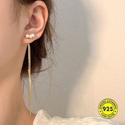 Anting Tusuk Gantung Sterling Silver 925 / Gold 18K Hias Mutiara Gaya Elegan Untuk Wanita