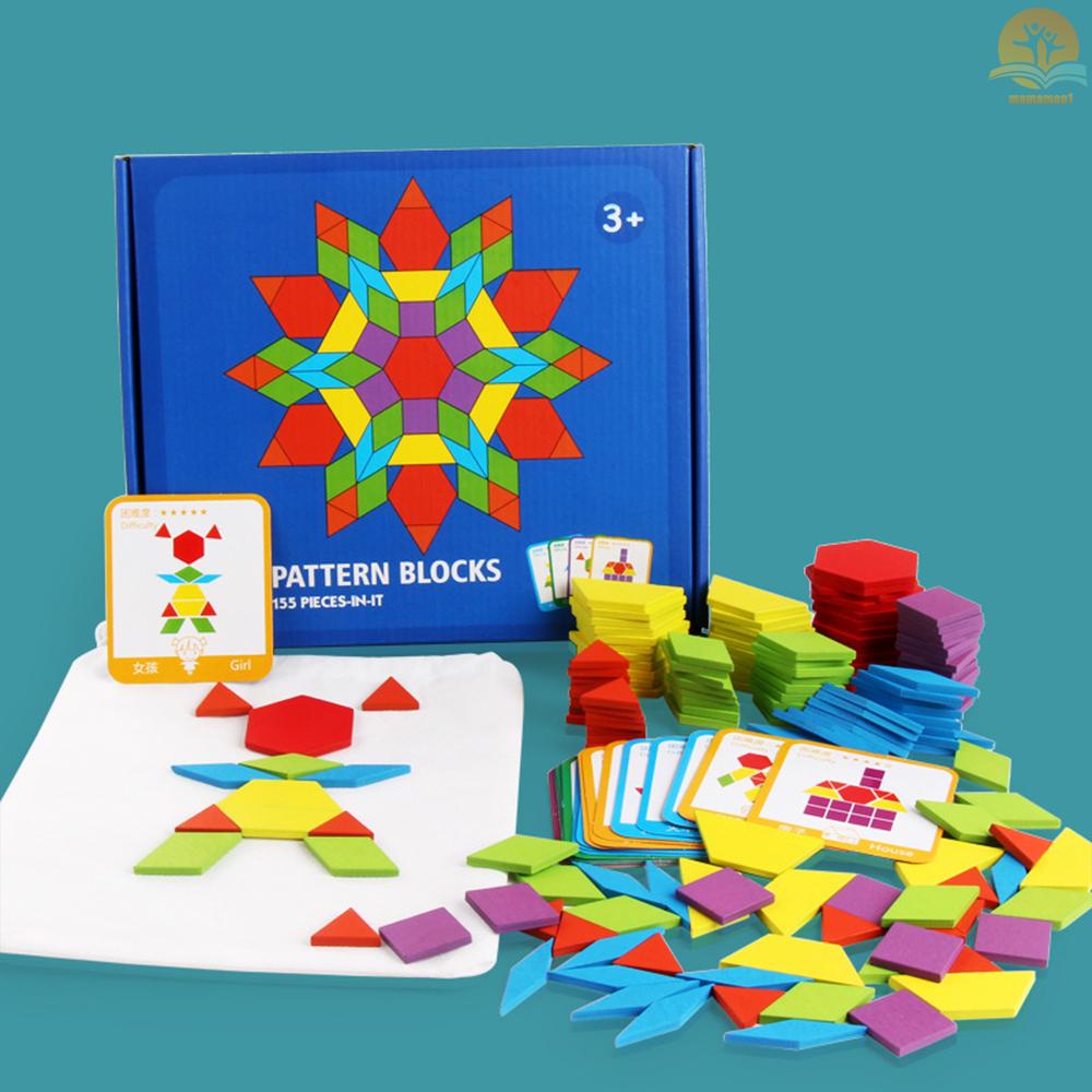 155 Pieces Wooden Pattern Block Geometric Shape Puzzle Early Education Montessori Toy with Design Cards for 3+ Years Old Kids Preschooler