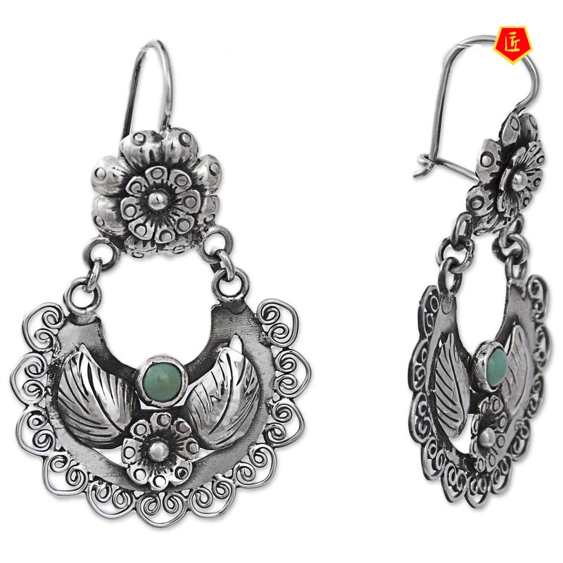 [Ready Stock]S925 Silver Vintage Inlaid Turquoise Flower Earrings