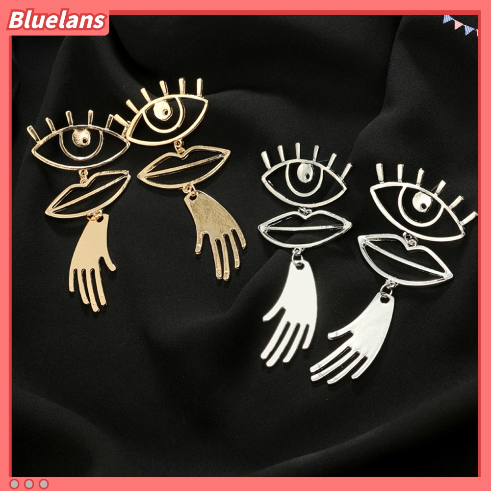 Anting Stud Panjang Desain Mata Bibir Tangan Model Hollow Gaya Punk Untuk Wanita