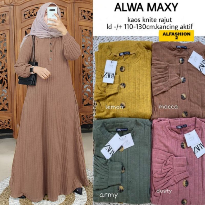 Alwa maxy by Alfashion gamis dress wanita knit rajut bigsize ld 110 kancing aktif busui gamis kaos i