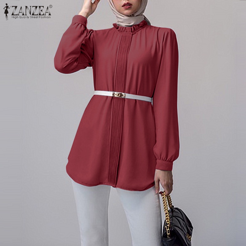 ZANZEA Retro Women Tops Blouse Muslim Solid Full Sleeve O Neck Casual Loose Holiday Office Shirt