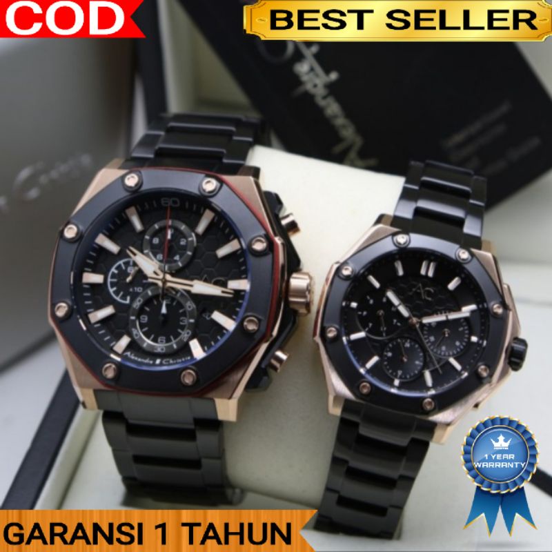 JAM TANGAN COUPLE ALEXANDRE CHRISTIE AC 9601 BLACK ROSEGOLD ORIGINAL GARANSI 1 TAHUN