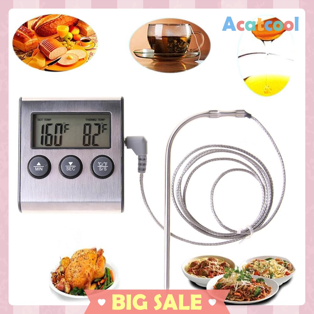 Digital Display Food Thermometer Probe Meat Timer Meter Cook Kitchen Tools