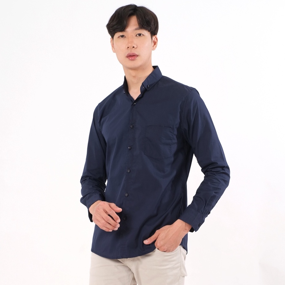 SANVANINA Kemeja Formal Lengan Panjang Polos Basic Navy | Kemeja Simple Basic Panjang Pria Biru Dongker E-1079