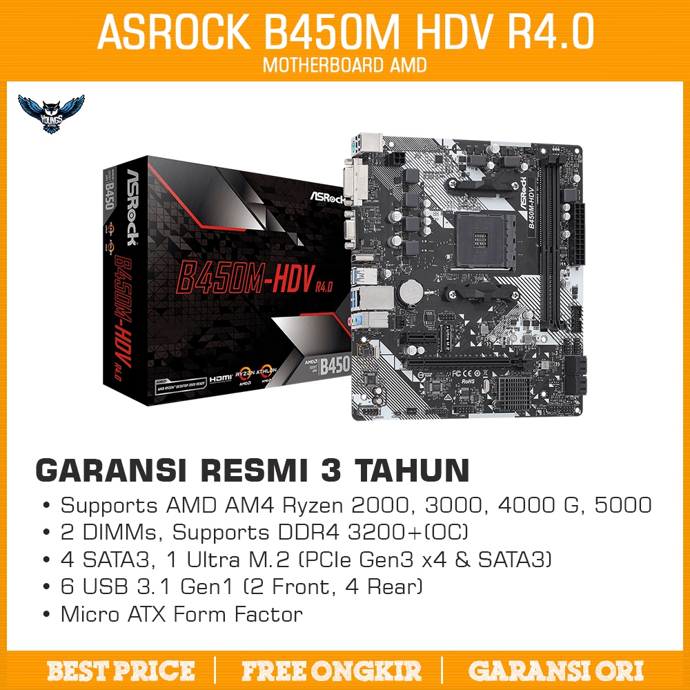 ASROCK B450M-HDV R4.0 mATX AM4 MOTHERBOARD AMD