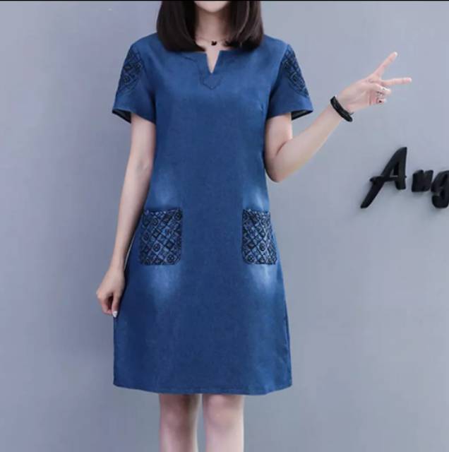 DRESS JEANS WANITA LENGAN PENDEK V_NECK BORIDR KANTONG + TANGAN