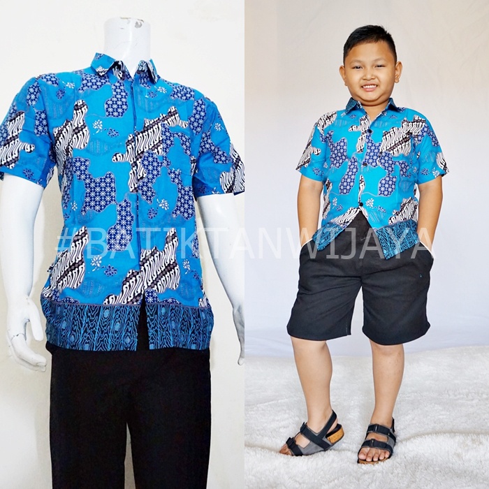 Baju Batik Couple Ayah dan Anak Laki Laki Usia 1-14 Tahun Lenga Pendek Warna Biru Bahan Katun Bisa U