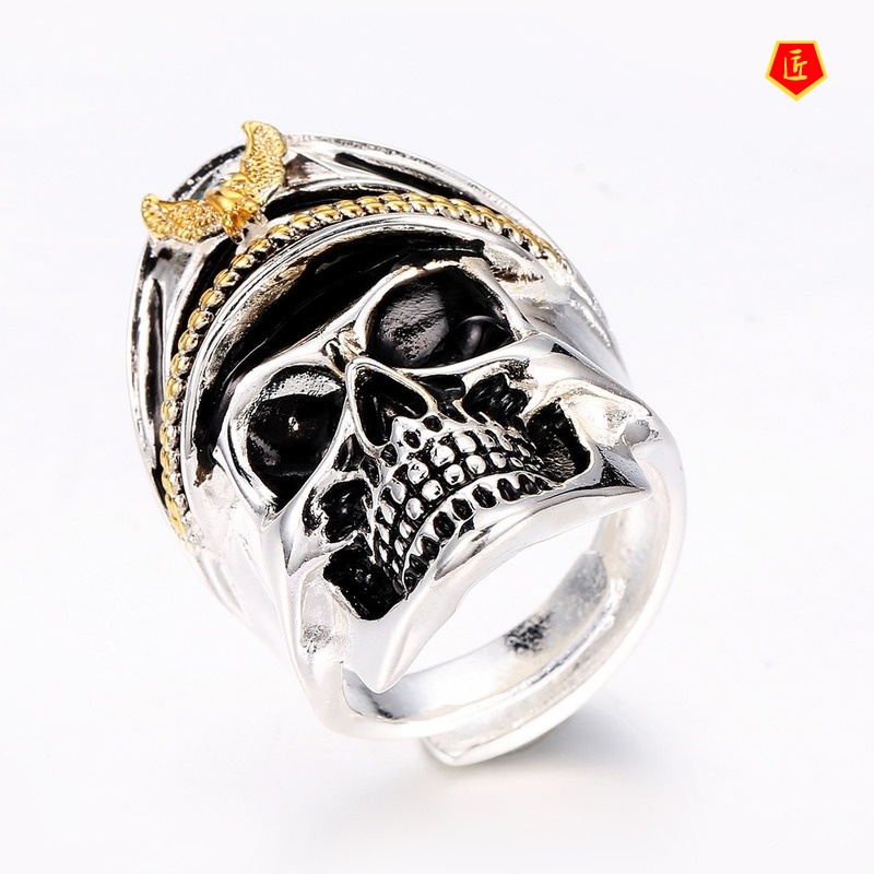 [Ready Stock]Retro Personalized Silver Black Skull Ring