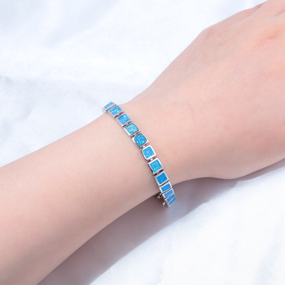 Gelang Rantai Lebar Bahan 925 Silver Metal Hias Batu Opal Api Biru Dan Putih Untuk Wanita