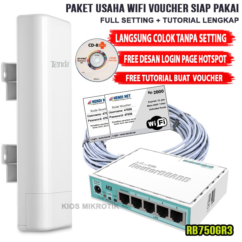 Paket Alat Usaha Wifi Sistem Billing Voucher RT RW NET Siap Pakai Full Setting - Tenda O3 / CP300 / CPE220 / EAP110 &amp; RB750GR3