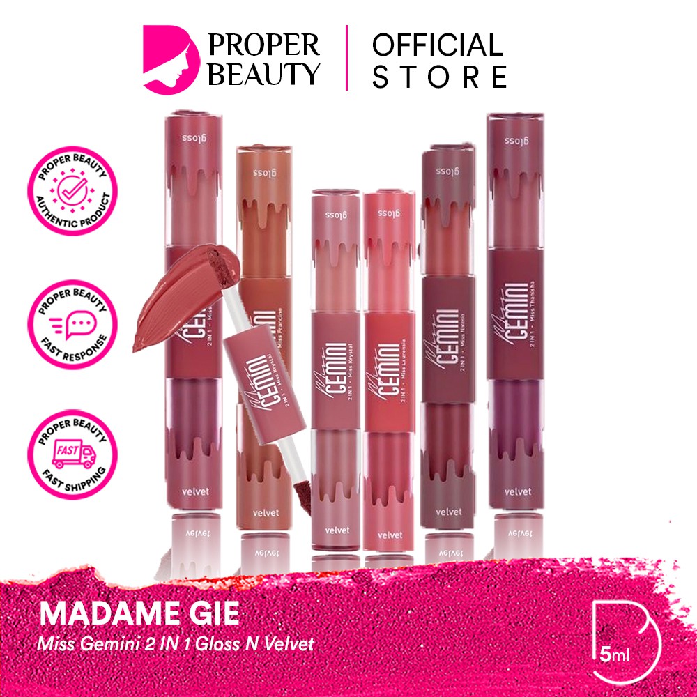 MADAME GIE Miss Gemini 2 IN 1 Gloss N Velvet Indonesia / Lipstick Primer BB Foundation Loose Powder Lipstick Eyeshadow Blush On Eyeliner Eyebrow Mascara Lip Matte Balm Kutek / Facial Wash Toner Essence Serum Sunscreen Cream Mask Masker Body / Lipill Paket