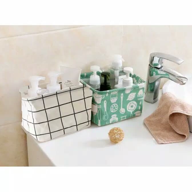￼Keranjang Lipat Mini Canvas Storage Box Organizer Multifungsi Wadah Kotak Penyimpanan Aksesories Kosmetik Kanvas