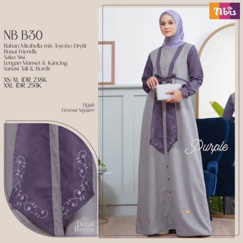 Nibras NB B30 PURPLE Gamis Wanita Elegant Bahan Mirabella Mix Toyobo Dryfit. Ready Size  XS, S, M, L
