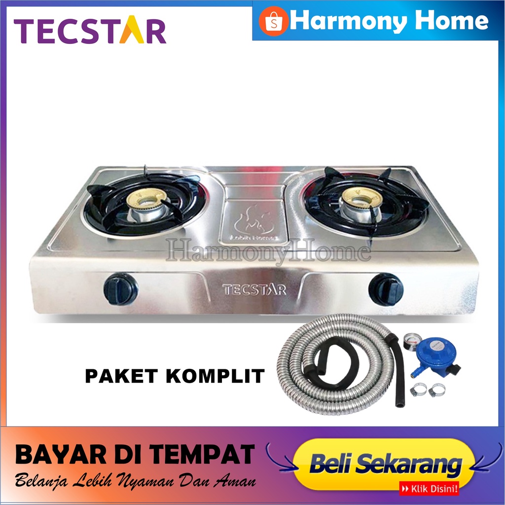 Kompor Gas 2 Tungku Tecstar Stainless Burner Kuningan / kompor gas 2 tungku murah promo cuci gudang / Kompor 2 Tungku / Kompor Dua Tungku / Kompor Murah Promo 1 Set Plus Selang Regulator 1