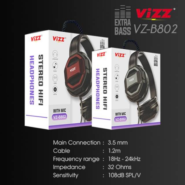 Headphones Vizz VZ-B802 EXTRA BASS WITH MIX Stereo Hifi Headphones Original Vizz