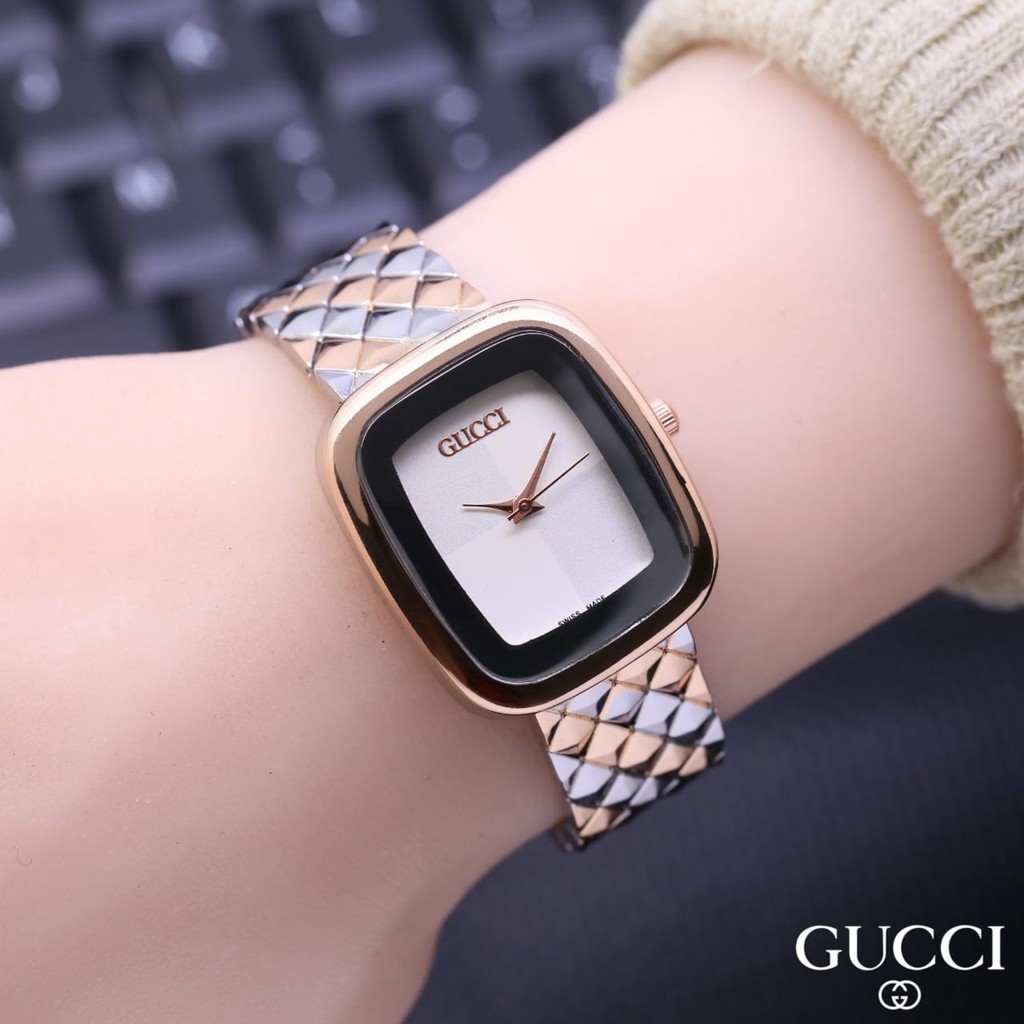 JAM TANGAN WANITA GUCCI-1108 MODEL TERBARU TALI RANTAI STENLIESS KOTAK OVAL