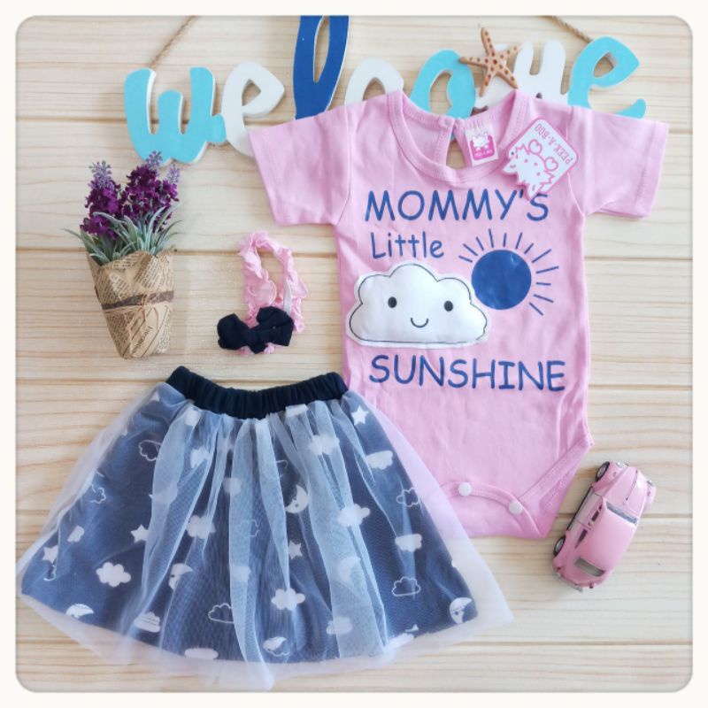 Baju Jumper Bayi Perempuan 0 6 bulan Sunshine Set bando baby girl newborn