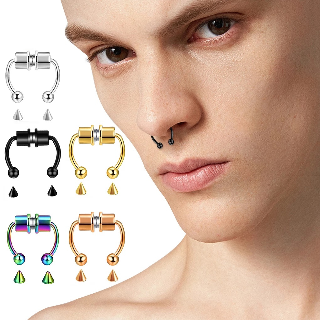 Stainless Steel Magnetic False Nose Ring Reusable Alloy Fake Non Piercing Hoop Jewelry for Party Bar Nose Collar Beauty