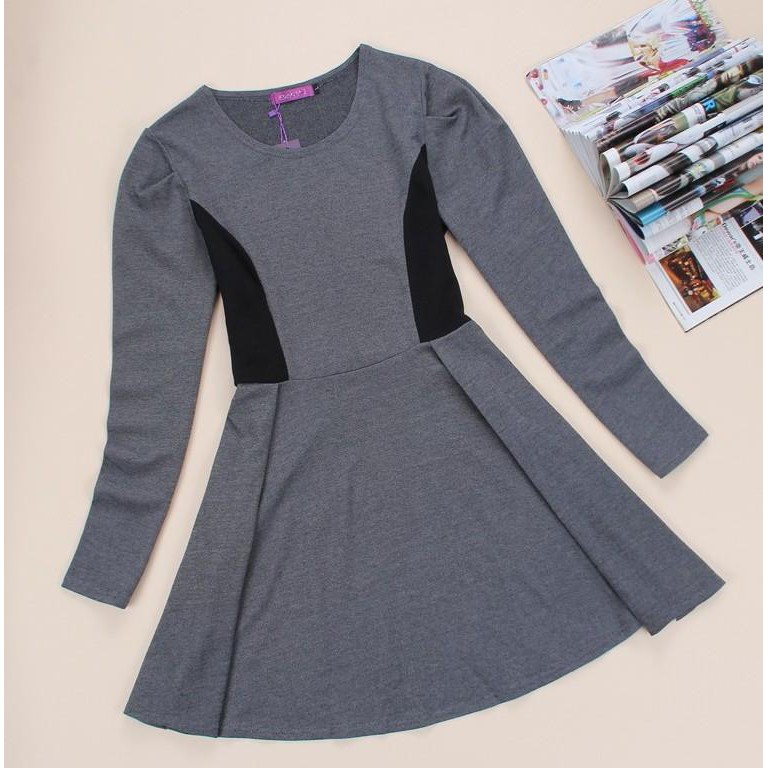 Women's New Grey O-Neck Solid Knee-Length Long Sleeve A-Line Dress -