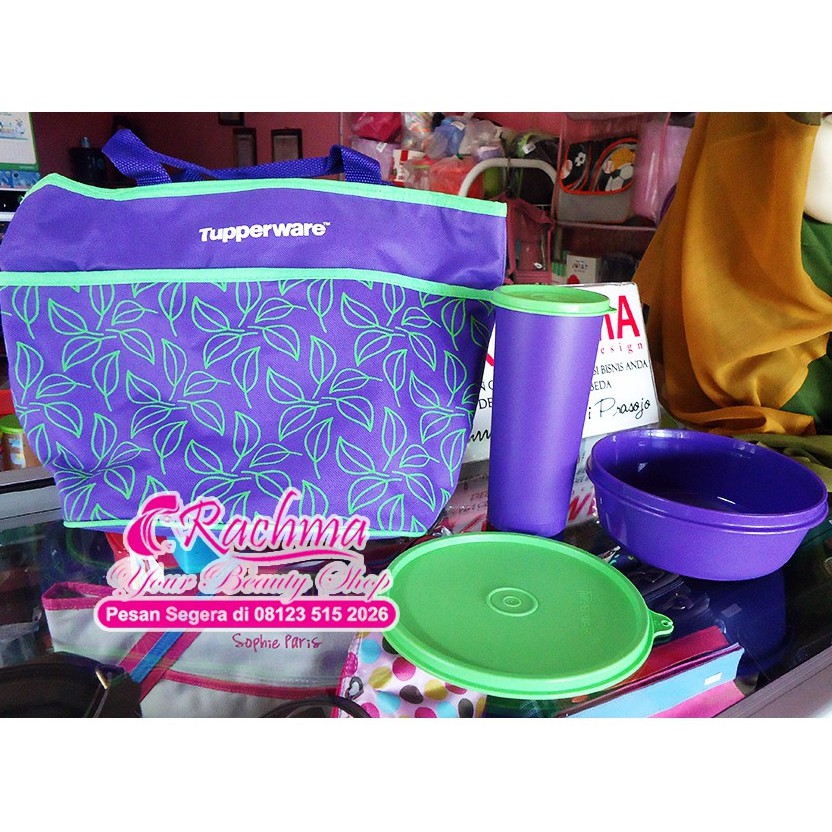 DISKON SALE PROMO  TUPPERWARE ELC PAKET BEKAL MAKAN - MANGKOK GELAS TUMBLER TAS UNGU HIJAU CANTIK