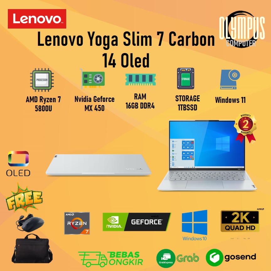Laptop Lenovo Yoga Slim 7 Carbon 14 2.8K Oled Ryzen 7 5800U 16GB 1TBSSD MX450 W11+OHS 90HZ