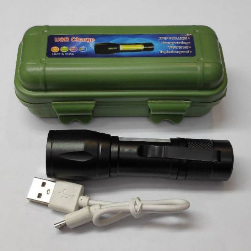 Senter Mini Zoom XPE + Led COB Cas USB // SWAT Mini Cahaya Super Terang