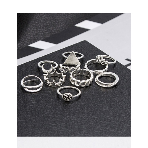 LRC Cincin Set Fashion Silver Flower Crown Love Heart Shape Alloy Ring Set A61274