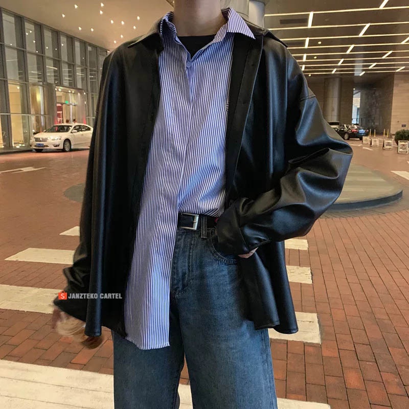 JNK x LAURINDA - Jaket Blezer Oversize Wanita Casual Classic Kerah Kemeja Branded Elegan Bahan Faux Synthetic Leather Premium Original Button Cewek Perempuan Blazer Korea KPOP OOTD Style Atasan Big Size Besar Longsleeve Panjang Zipper Outfit Hijab Fashion