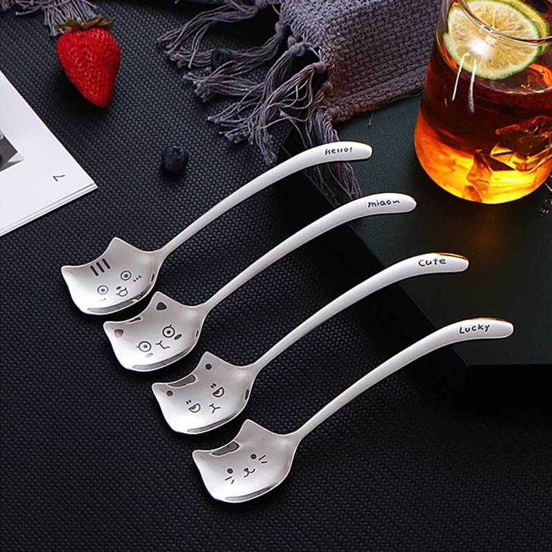 Kreatif Lucu Kucing304Sendok Makan Stainless Steel Dengan Gagang Panjang/High Quality Dessert Soup Spoon/Peralatan Makan Berguna Dapur/Sendok Pengaduk Kopi Alat Makan Makan Makan Makan Dinner