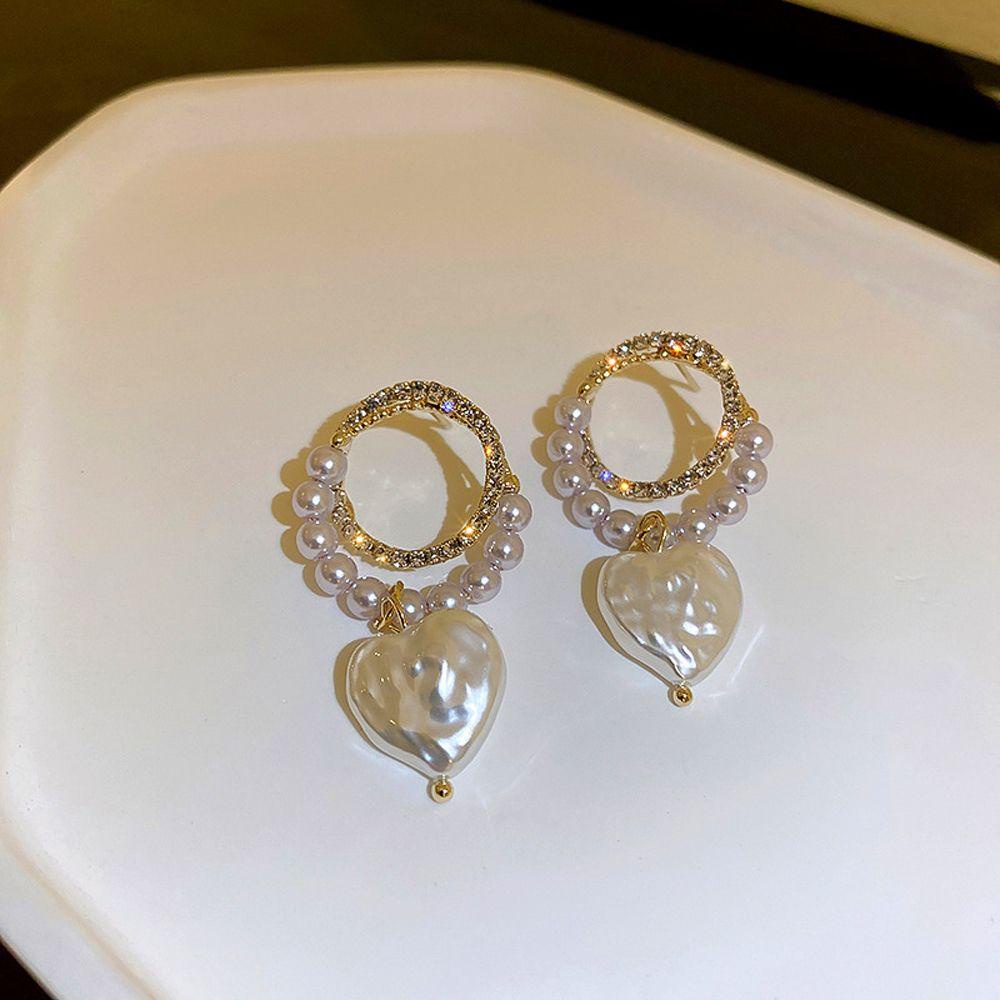 Mxbeauty Wanita Anting Hoop Geometris Temperamen Mutiara Pesta Gadis Hadiah Berlian Imitasi Cinta Liontin