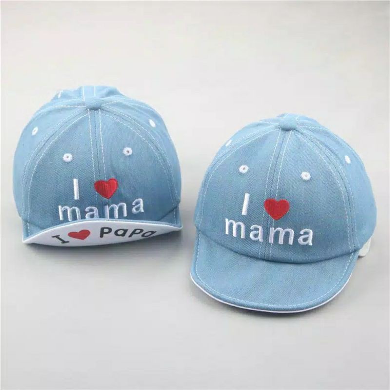 TOPI BAYI I LOVE MAMA PAPA / TOPI BASEBALL DENIM LEMBUT BAYI UNISEX