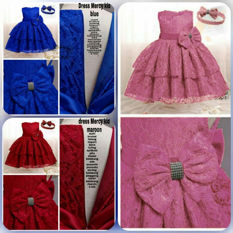PAKAIAN ANAK DRESS MERCY KID BRUKAT FREE BANDO USIA 3-4 TAHUN FEHM