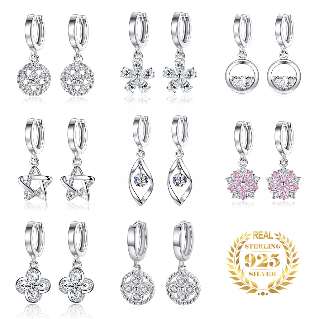 925 Sterling Perak Perempuan Anting-Anting Lima Menunjuk Bintang Lotus Tertanam Berlian Lingkaran Air Drop Anting-Anting Fashion Ornamen