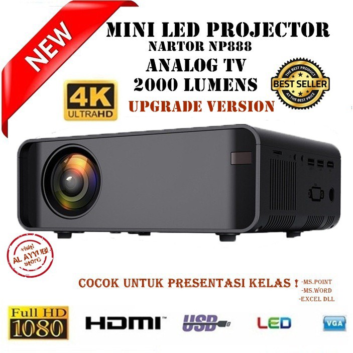 Mini Projector Nartor NP888 Premium 2000 Lumens Tv Tuner Proyektor Upgrade Cheerlux C6 Infocus Nobar