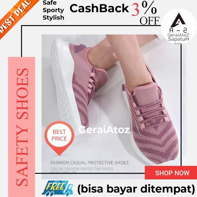 sepatu safety shoes sneakers pink wanita perempuan ujung besi ringan