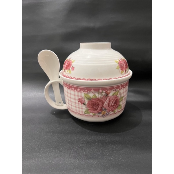 Mug Mie Dengan Tutup Mangkok Keramik Shabby Chic Bunga Mawar dengan Sendok