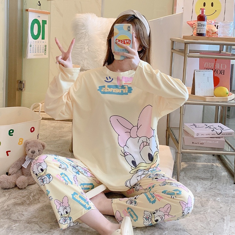 Setelan Piyama Oversize Bahan katun Adem Lengan Panjang Setelan Baju Tidur Wanita Oversize Piyama Pakaian Tidur Wanita Set Piyama Wanita Dewasa Motif Imut Karakter Kartun-My Friend Daisy