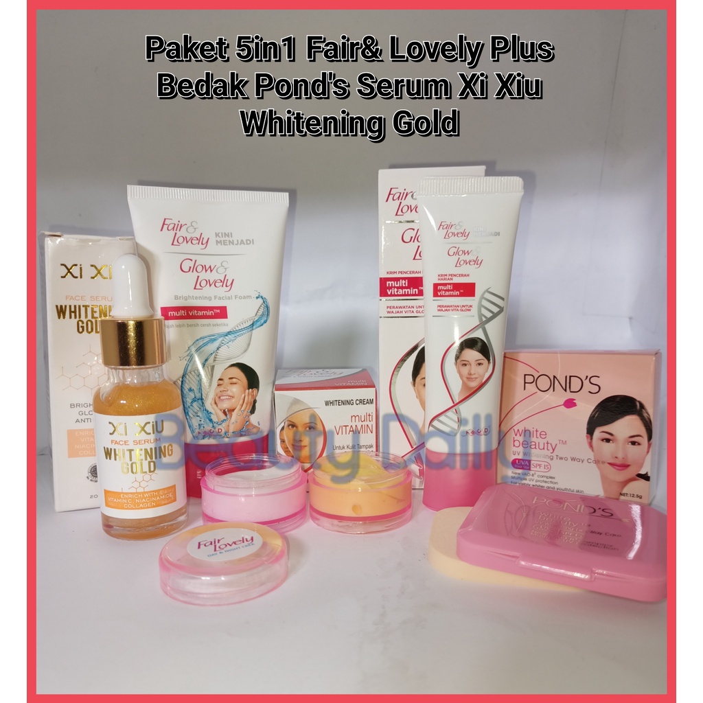 PROMO PAKET GLOWING 5 IN 1 Fair & Lovely - Facial Foam 50g + Day & Night Cream Fair & Lovely + Pelem