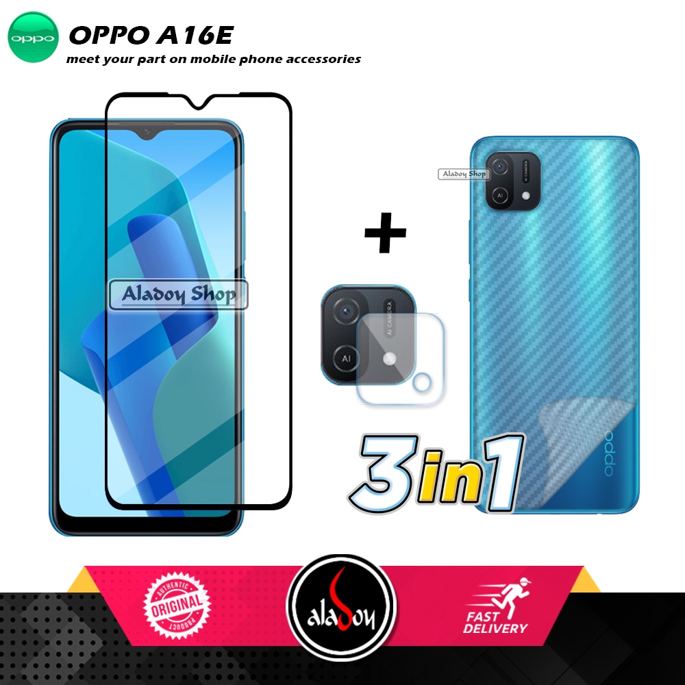 PAKET 3 IN 1 Tempered Glass Layar Oppo A16E Free Tempered Glass Camera dan Skin Carbon