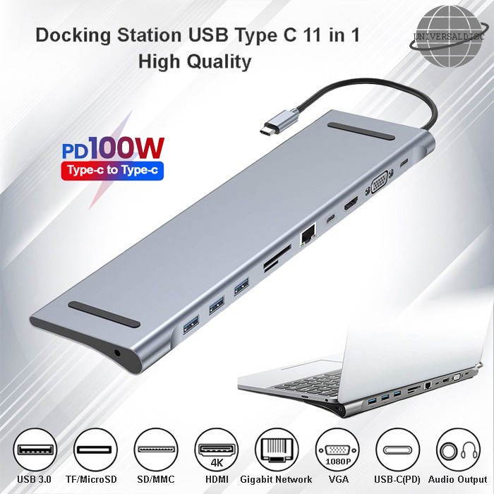 Docking Station Type C 11 in 1 HDMI,VGA,LAN,HUB 3.0, Aux,Card Reader